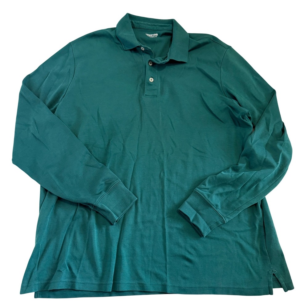 Lands End Mens L/S Polo Shirt Green Supima Cotton Traditional Fit Sz L Tall LT